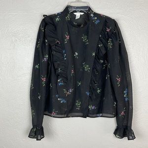 H&M Long Sleeve Sheer Floral Ruffle Black Blouse Size 12